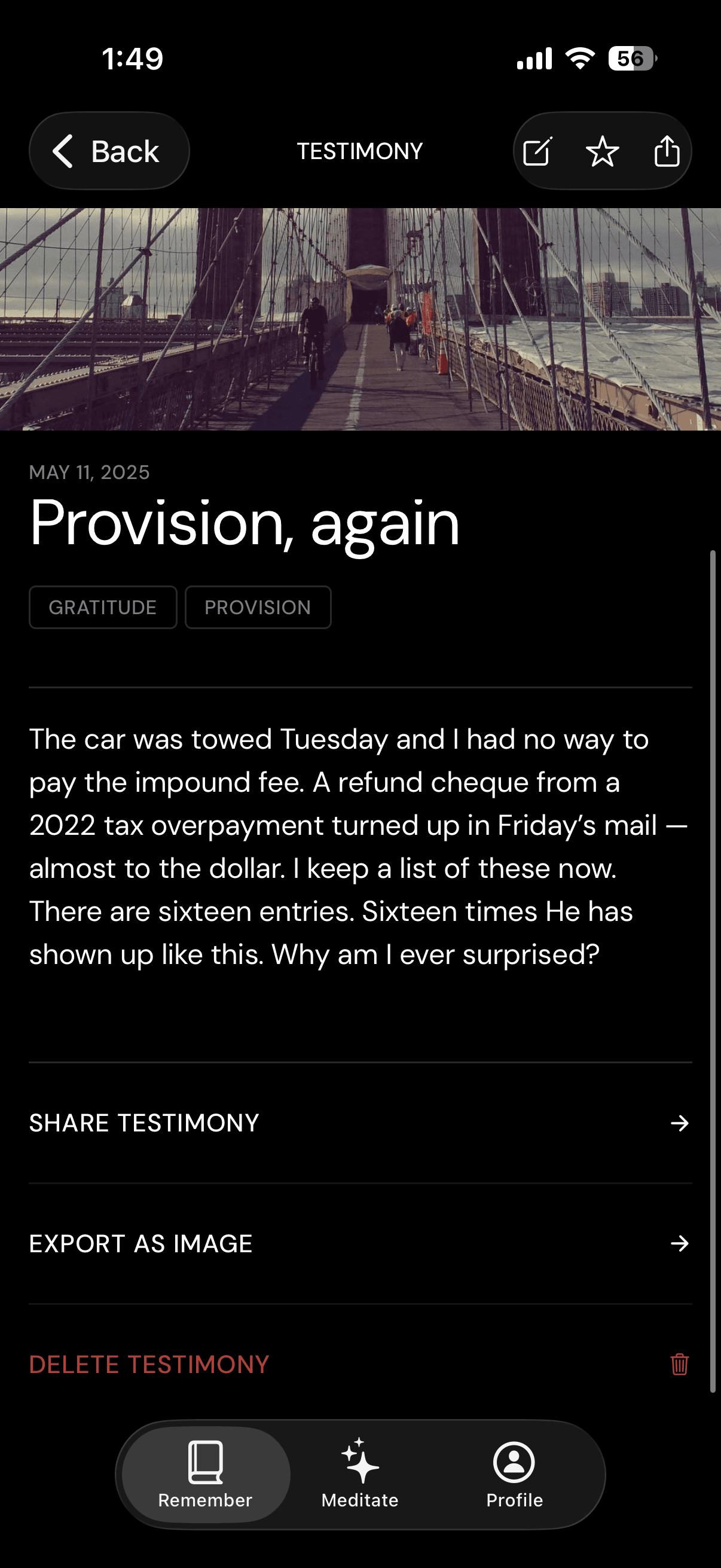 A testimony entry with photo and story